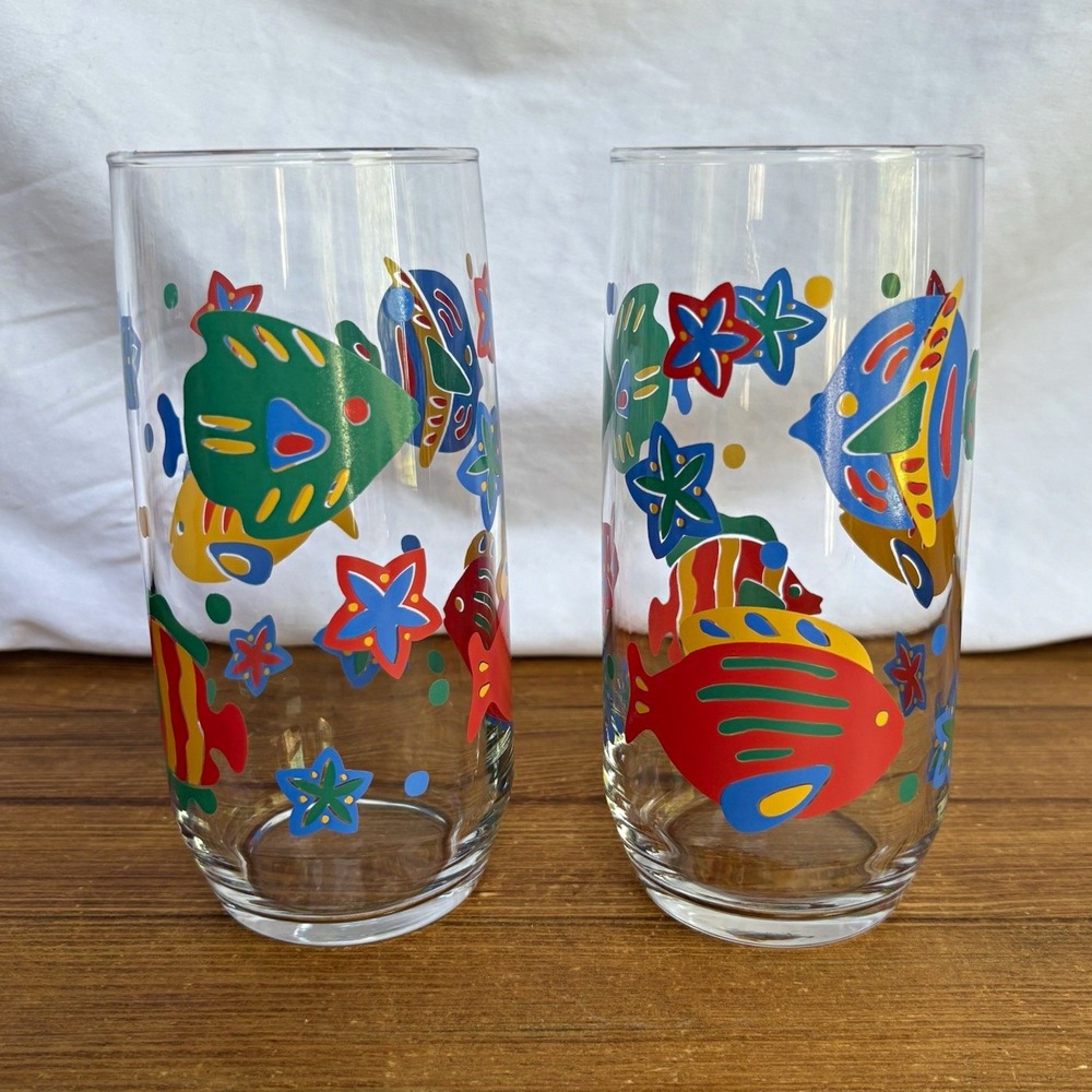 1990s Libbey Tropical Fish Tumblers Set of 2 Clear Glass Tumblers Multicolor 7"